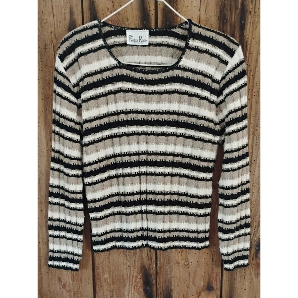 Vintage Y2K Reba Rose Knit Sweater Sz M Strips Pullover Long Sleeve Multi-Color